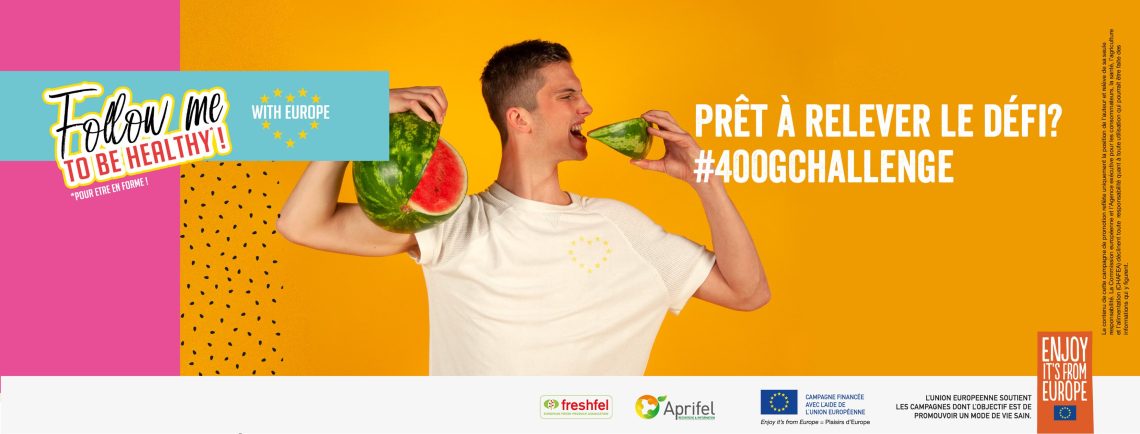 Banière Follow me to be healthy with Europe jeune homme mange pastèque