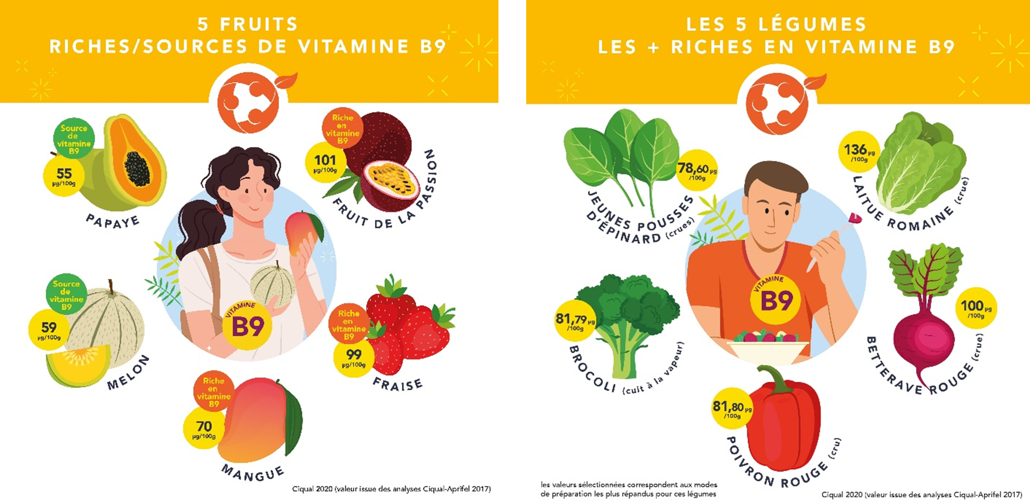 fruits et légumes apportant le plus de vitamine B9 folates acide folique fraises épinards mangue brocoli - Aprifel