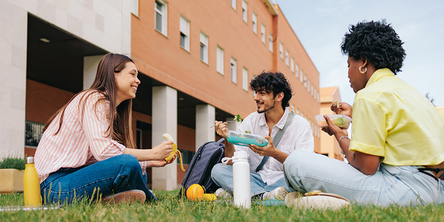 Groupe de jeunes étudiants déheunent dans l'herbe bien manger conseils - Aprifel